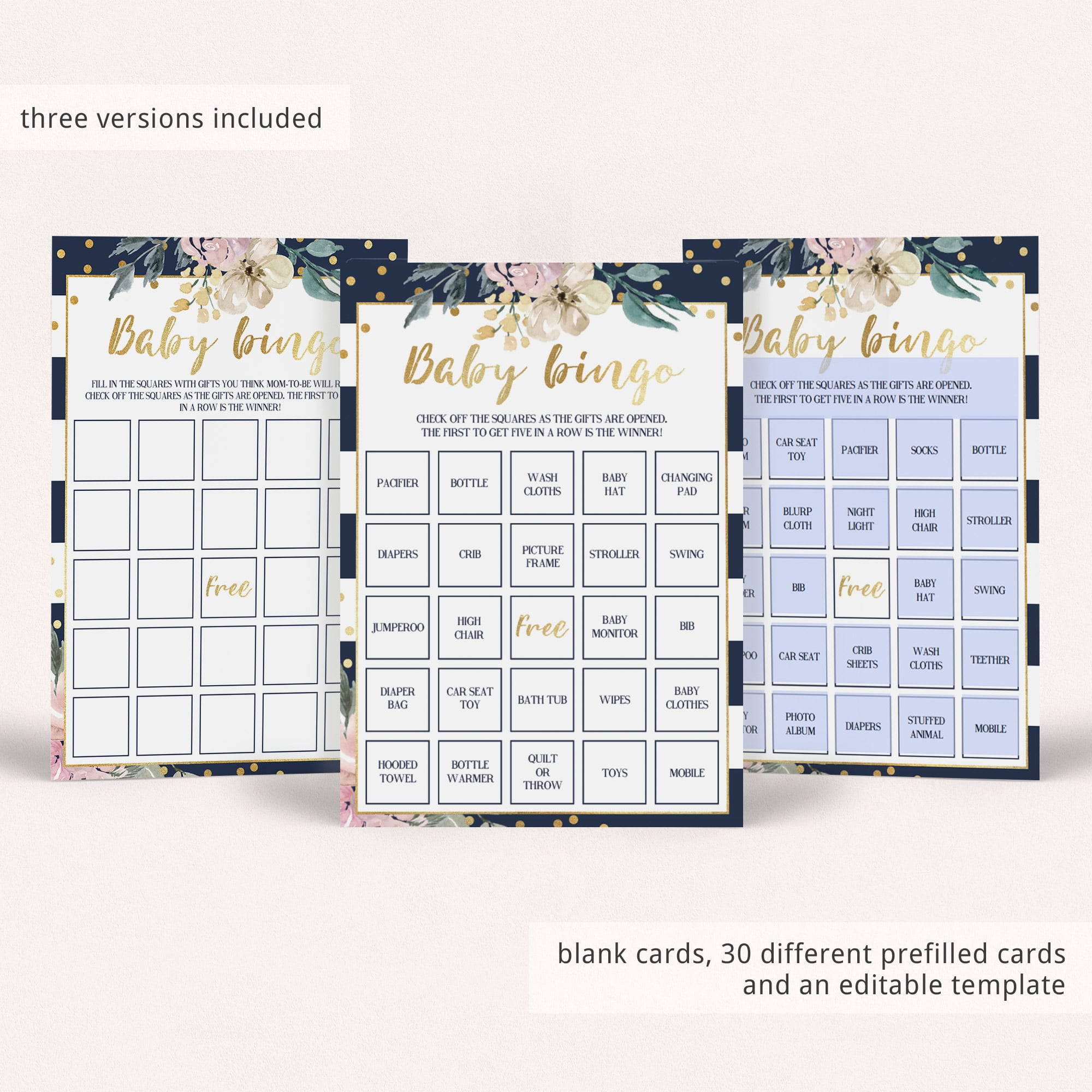 Baby bingo blank cards and prefilled cards printables by LittleSizzle