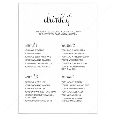 Printable Drinking Game for Women's Birthday Party | Instant Download ...