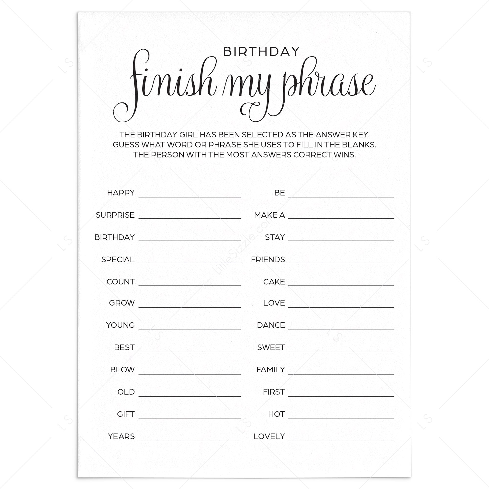 Simple Birthday Party Game Finish My Phrase Instant Download by LittleSizzle