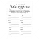 Simple Birthday Party Game Finish My Phrase Instant Download by LittleSizzle