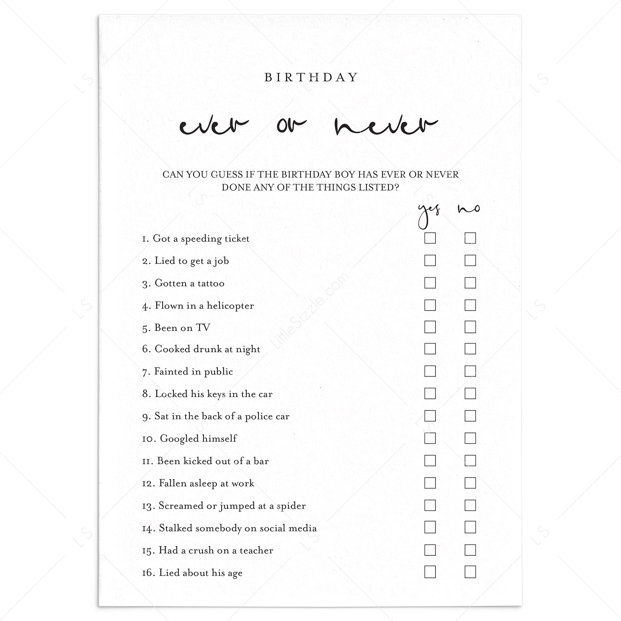 Adult Birthday Game for Him Ever or Never Printable by LittleSizzle