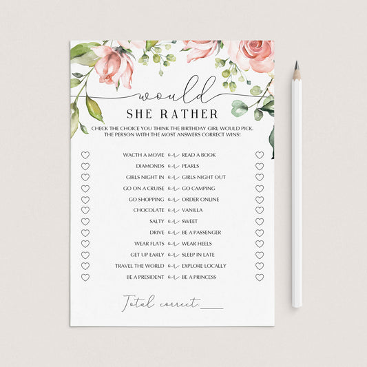 Blush Floral Would She Rather Birthday Party Game Printable by LittleSizzle