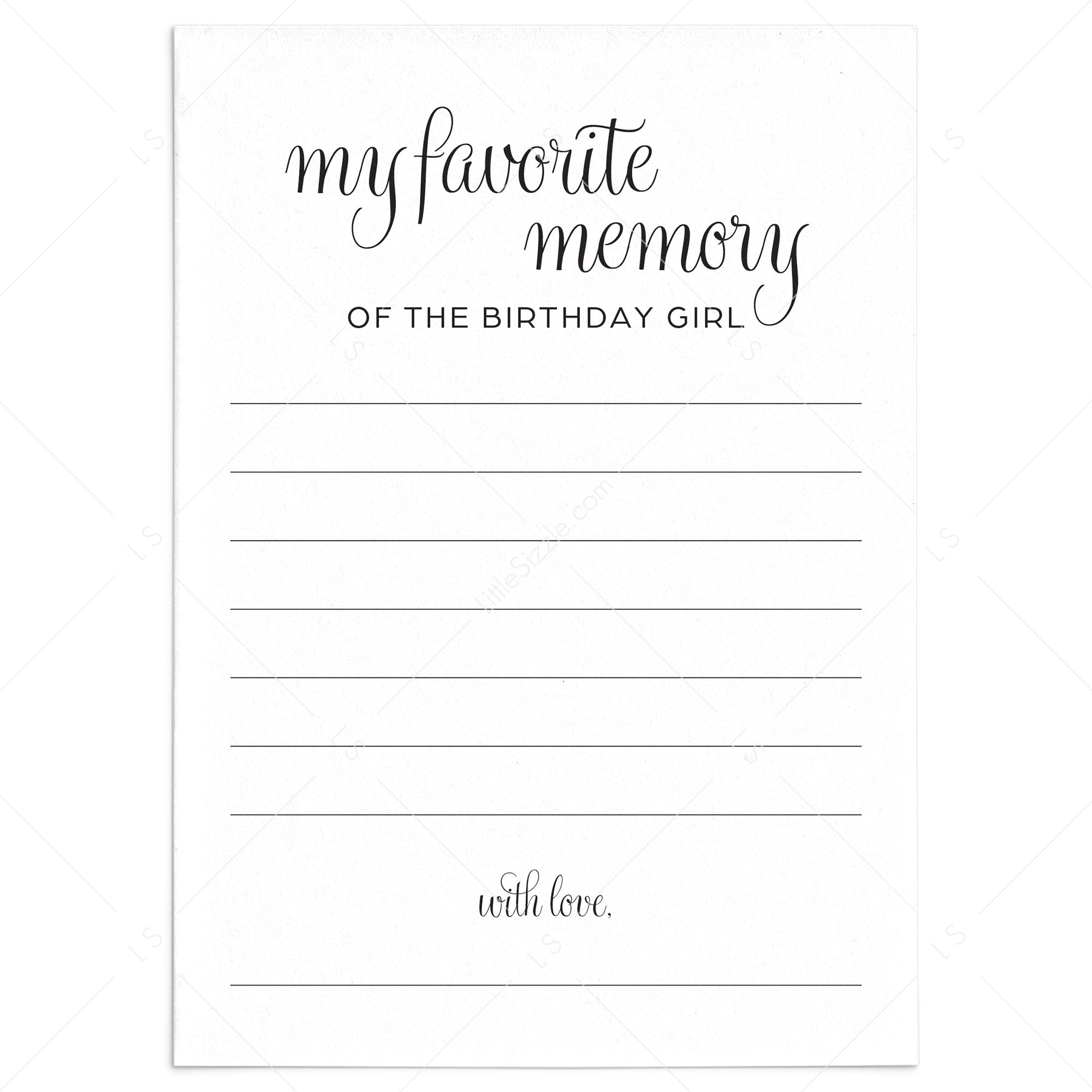 Share Your Favorite Memory Of The Birthday Girl Cards Printable by LittleSizzle