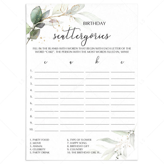 Birthday Scattergories Game Printable Greenery Theme by LittleSizzle