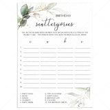 Birthday Scattergories Game Printable Greenery Theme by LittleSizzle