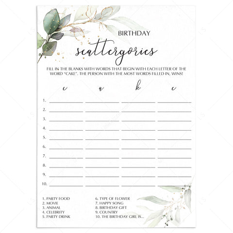 Birthday Scattergories Game Printable | Greenery Theme – LittleSizzle