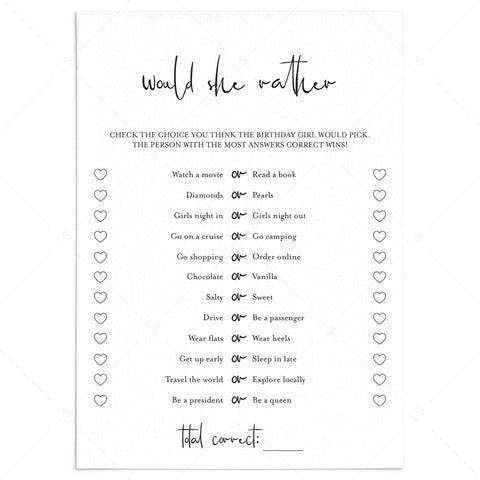 Girl Birthday This or That Game Printable | Would She Rather – LittleSizzle
