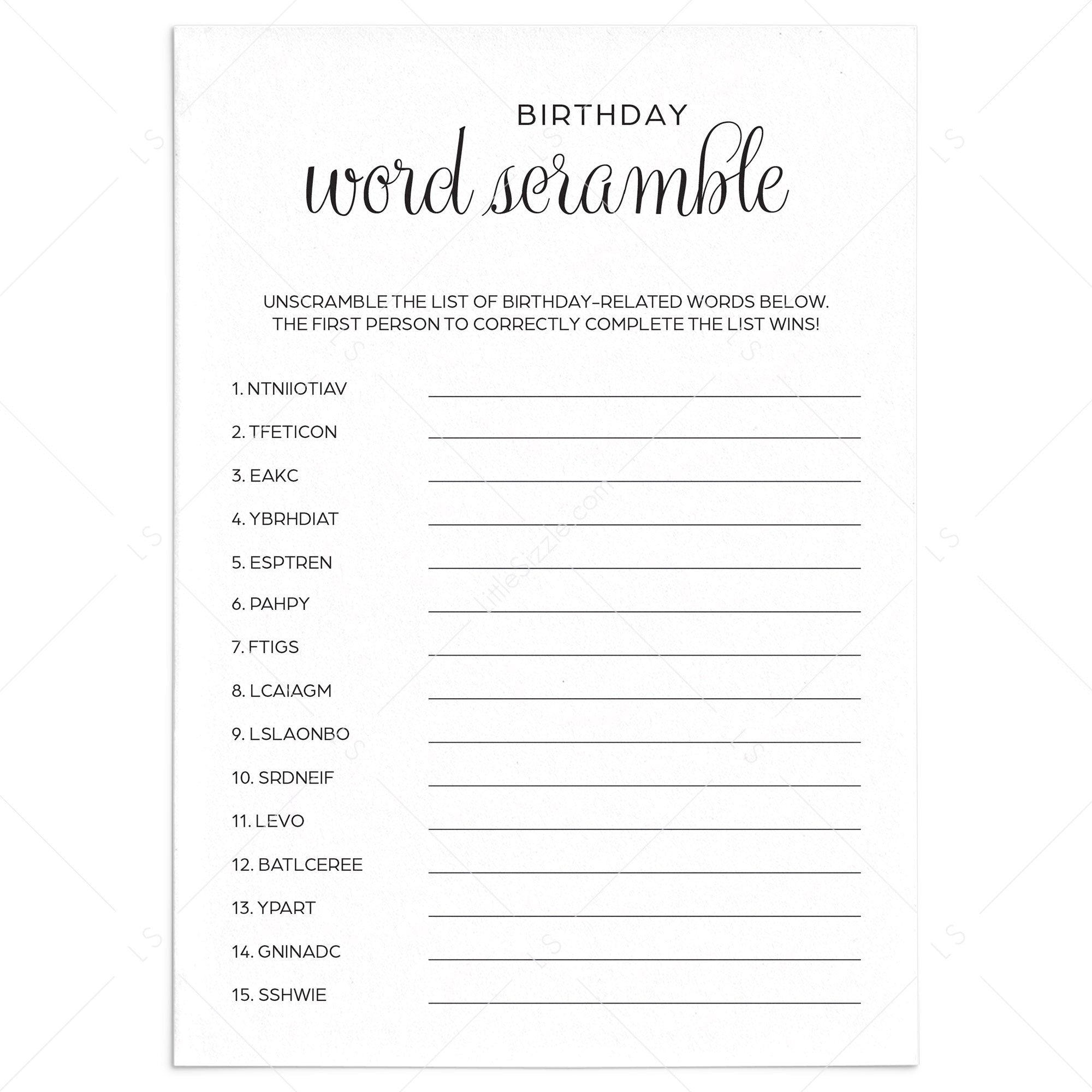 Birthday Word Scramble Game Printable Black & White by LittleSizzle