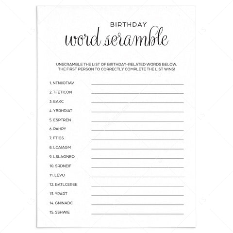 Birthday Word Scramble Game Printable | Black & White – LittleSizzle