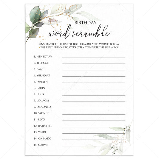 Gold & Greenery Birthday Word Scramble Game with Answers Printable by LittleSizzle