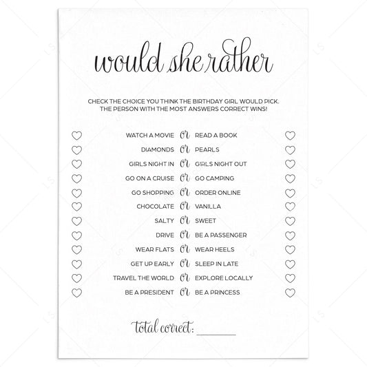 Birthday Would She Rather Printable Black & White by LittleSizzle