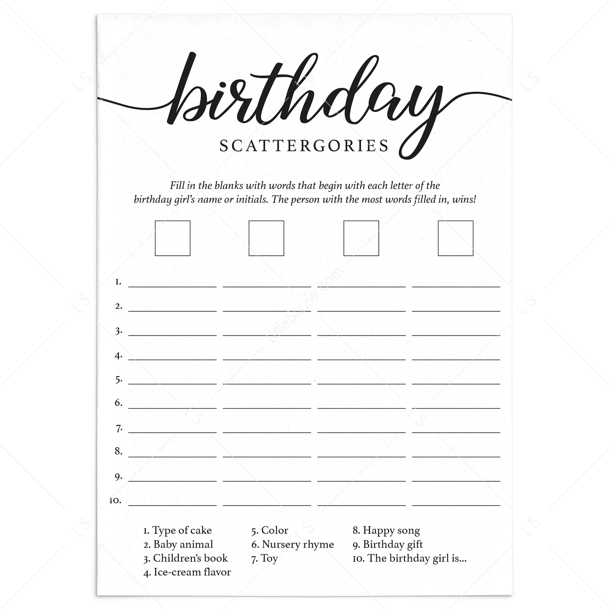 Girl 1st Birthday Party Game Scattergories Printable by LittleSizzle