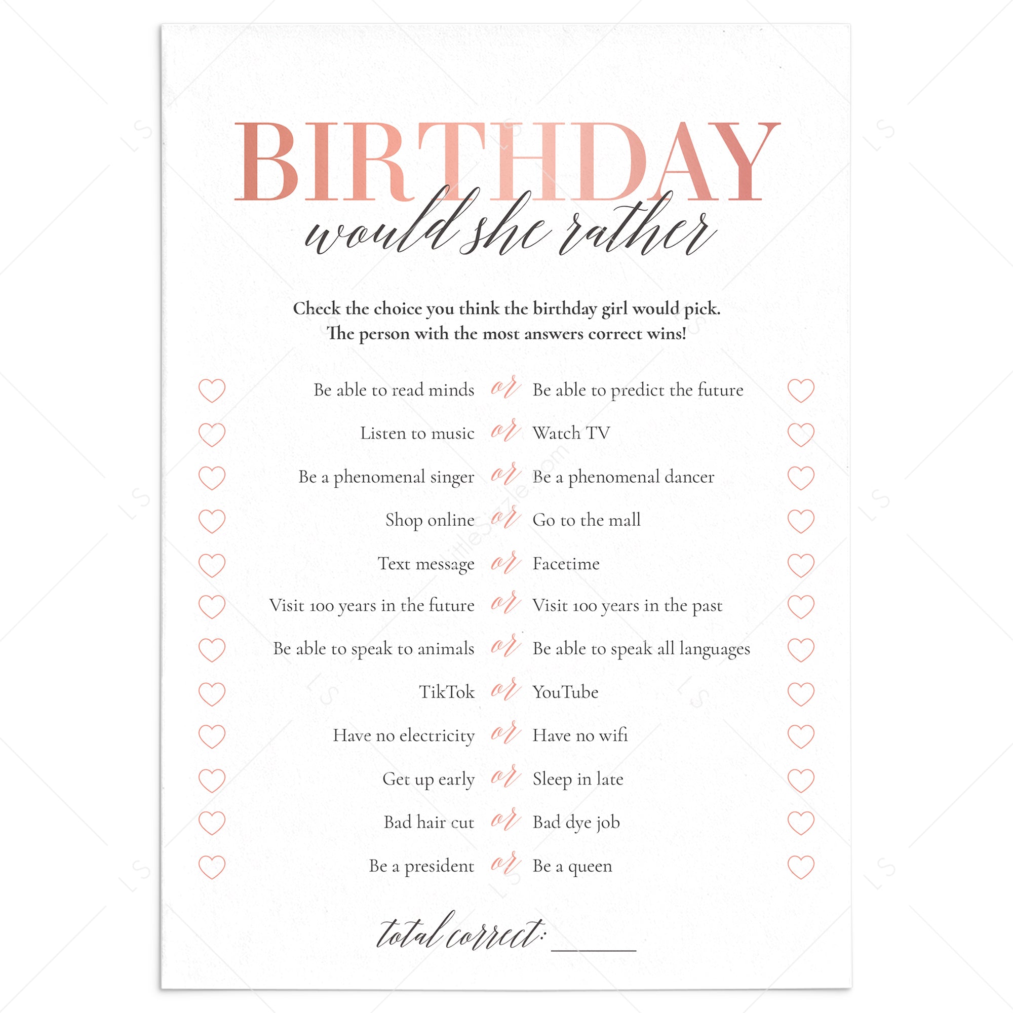 Teenage Girl Birthday Party Game Would She Rather Printable by LittleSizzle