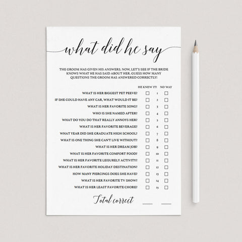 What Did The Groom Say | Bridal Shower Game Template | Download ...