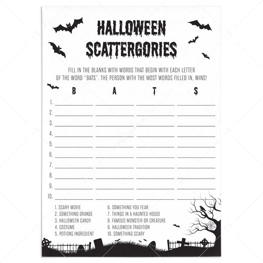 Halloween Scattergories Printable Black & White by LittleSizzle
