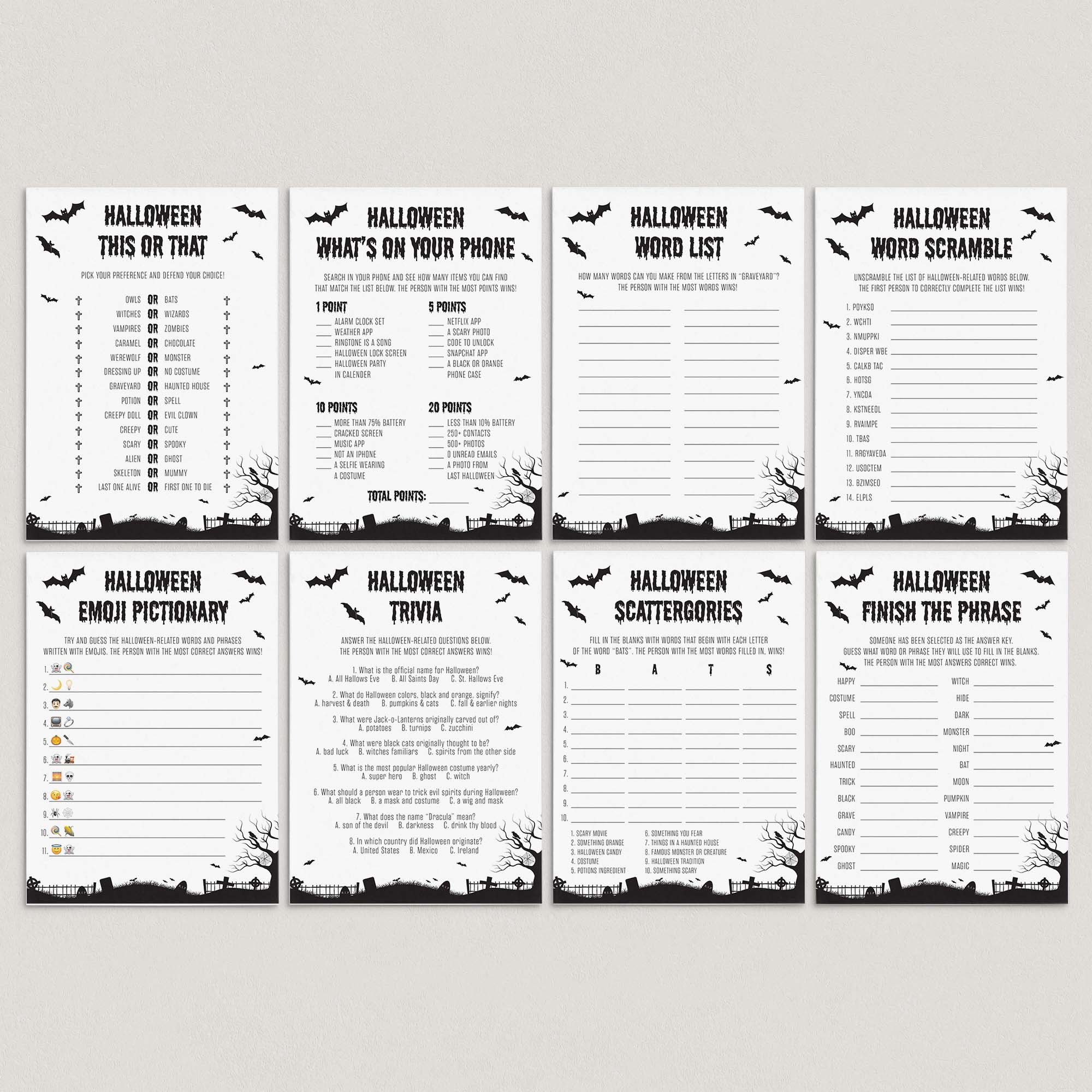 8 Black & White Halloween Party Games Printable by LittleSizzle