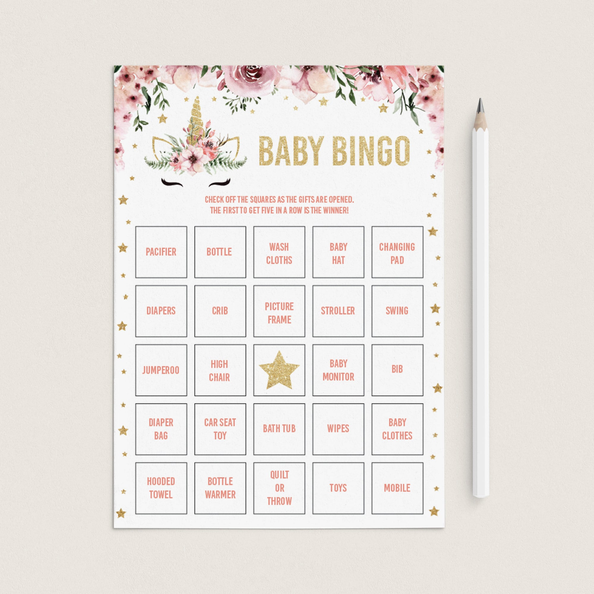 Unicorn baby shower bingo cards printable prefilled by LittleSizzle