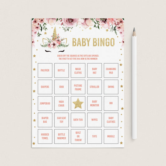 Unicorn baby shower bingo cards printable prefilled by LittleSizzle