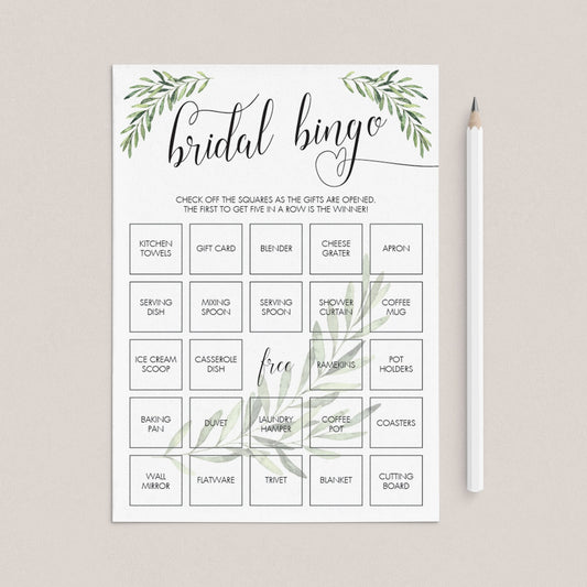 Greenery Bridal Shower Bridal Bingo Game Cards Printable by LittleSizzle