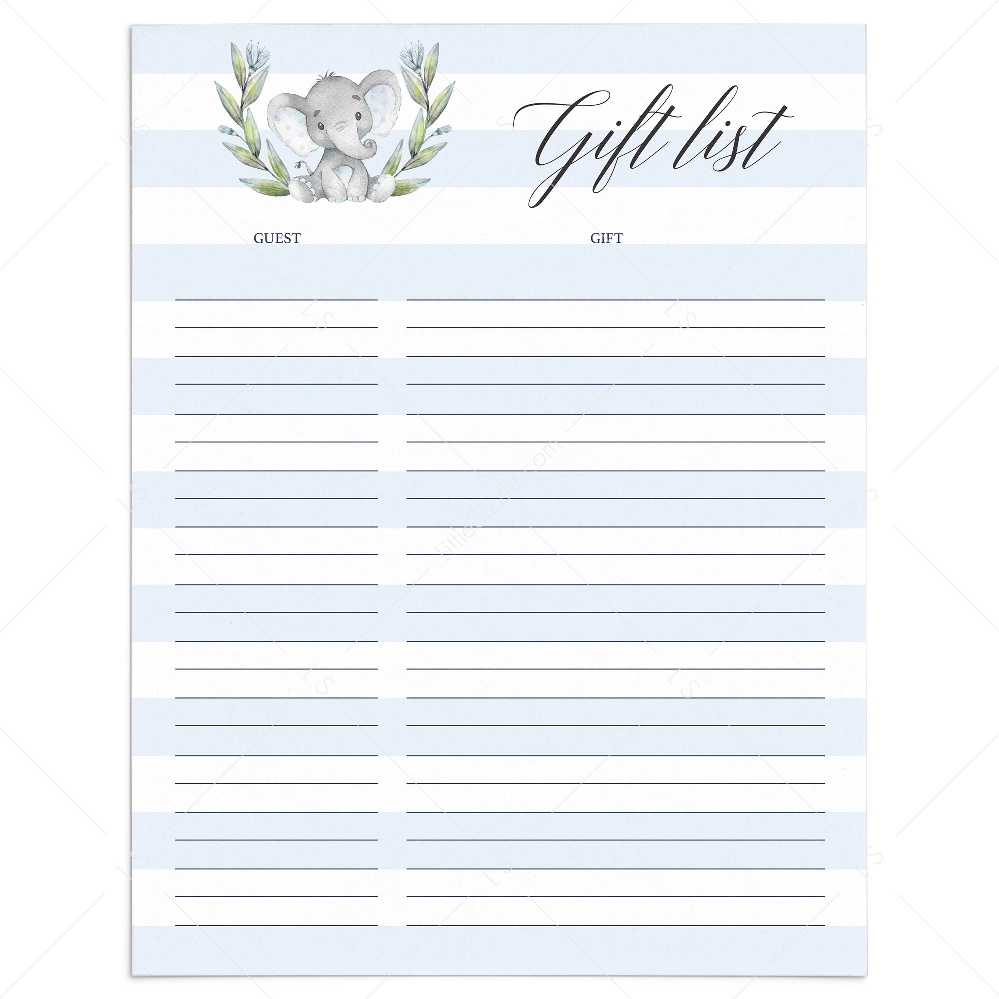 Elephant baby shower gift list printable by LittleSizzle