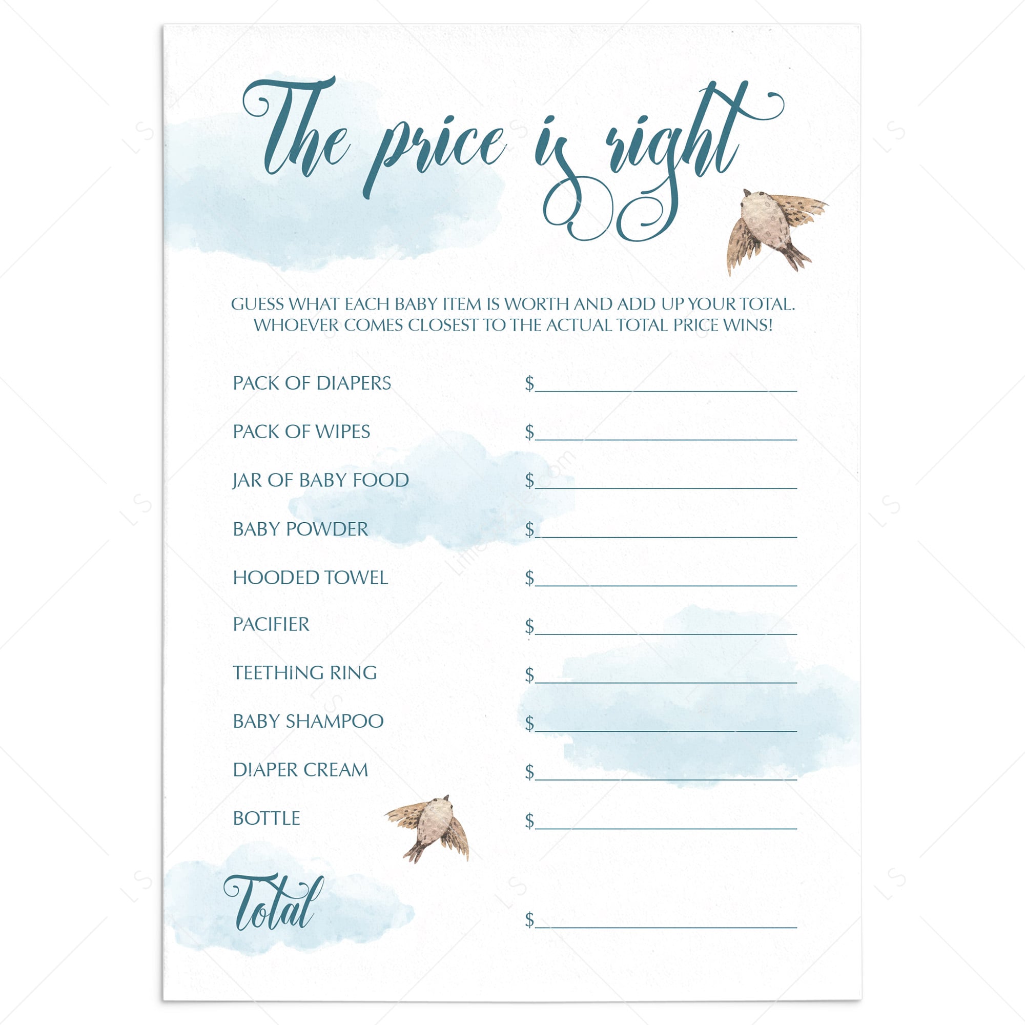 The price is right blue baby shower game printable by LittleSizzle