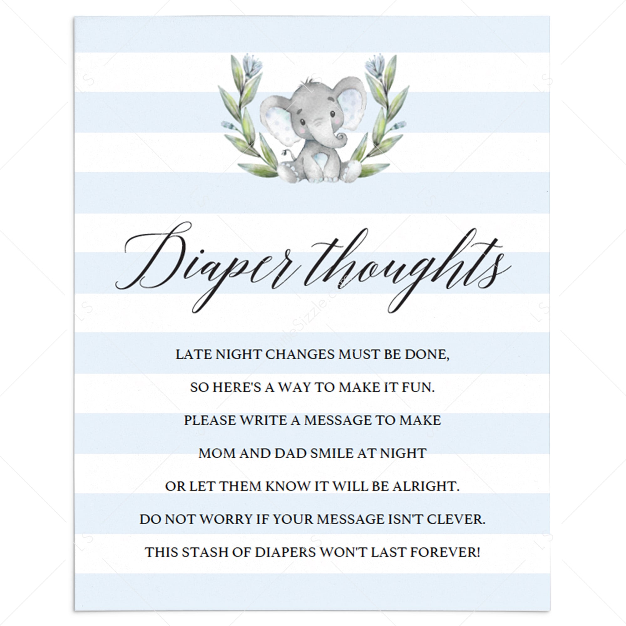 Boy baby sprinkle diaper thoughts game printable by LittleSizzle