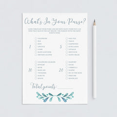 Watercolor Baby Shower Whats In Your Purse Game Printable by LittleSizzle