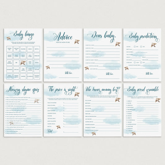 Blue baby shower games printables with watercolor clouds by LittleSizzle