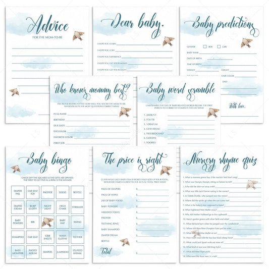 Blue baby shower games printables with watercolor clouds by LittleSizzle