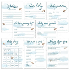 Blue baby shower games printables with watercolor clouds by LittleSizzle
