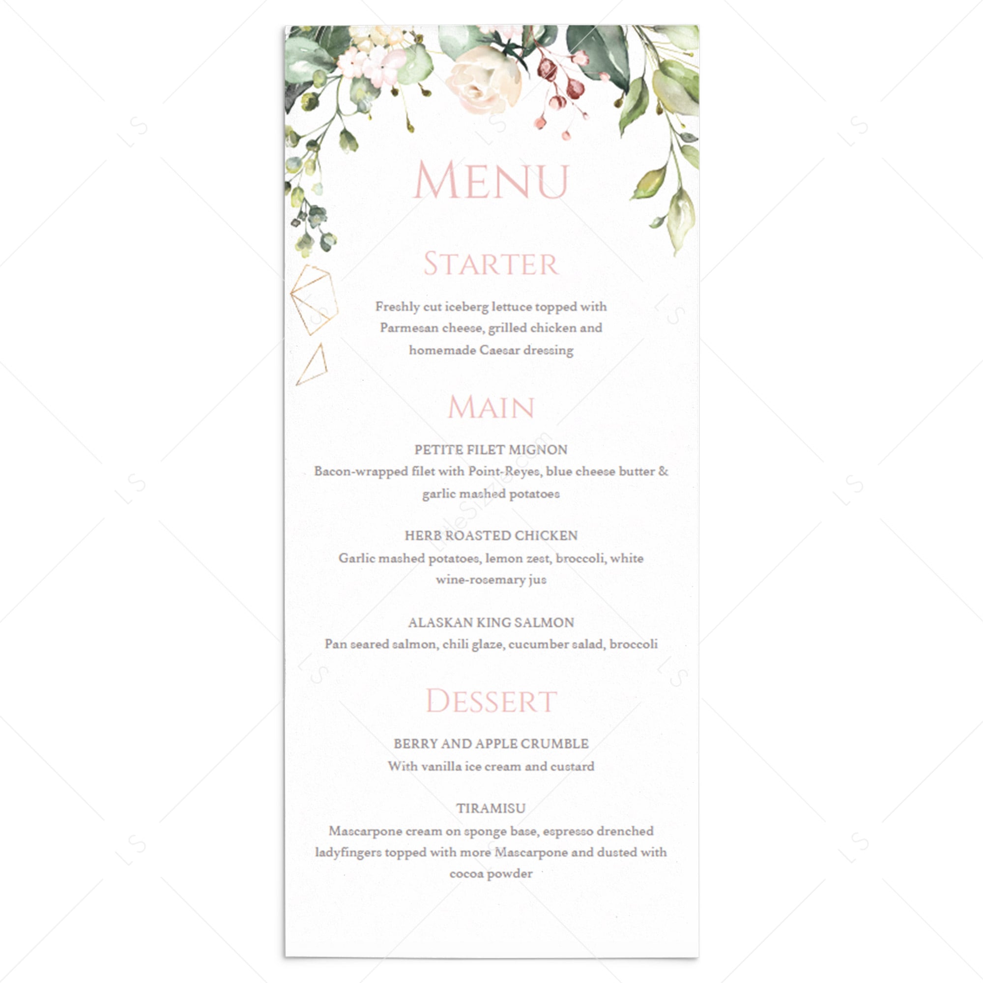 Floral party menu card template instant download by LittleSizzle