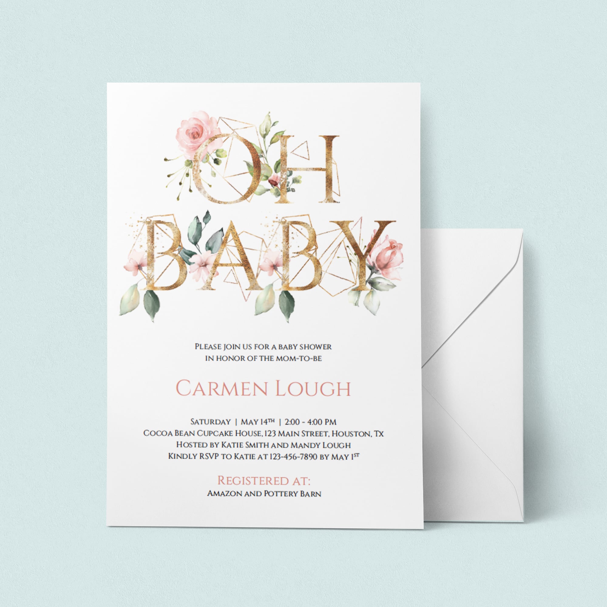 Blush pink and gold modern baby shower invite template by LittleSizzle