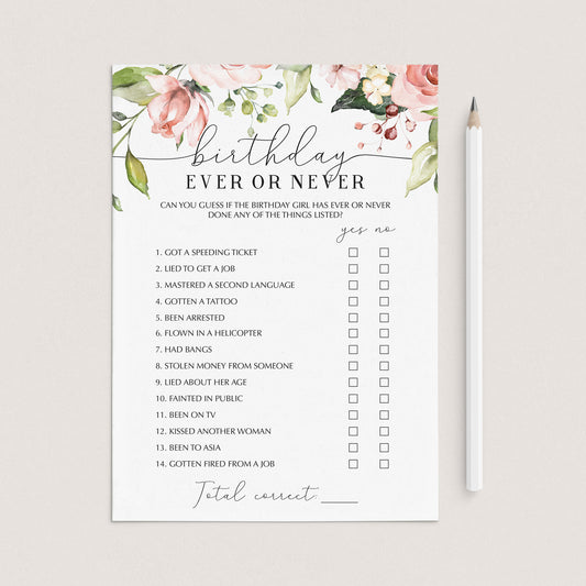 Ladies Birthday Party Game Ever or Never Printable by LittleSizzle