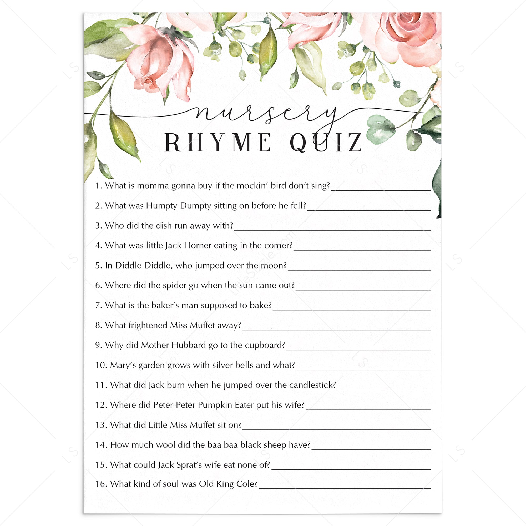 Blush baby shower games nursery rhyme quiz printable by LittleSizzle