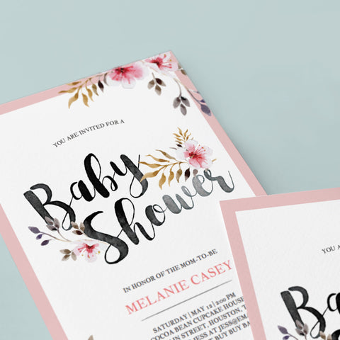 Baby Shower invitation template for girls with blush flowers | Instant ...