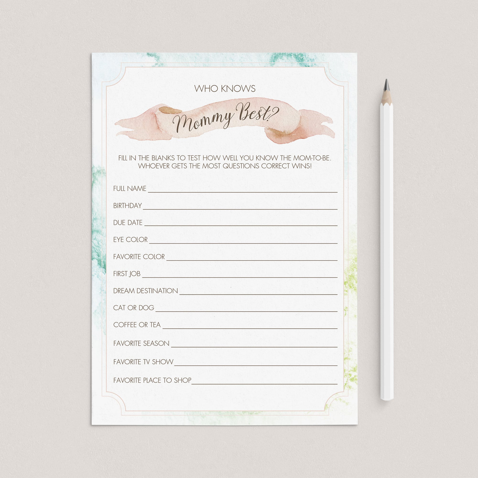 Printable Baby Shower Mommy Quiz Game Card by LittleSizzle