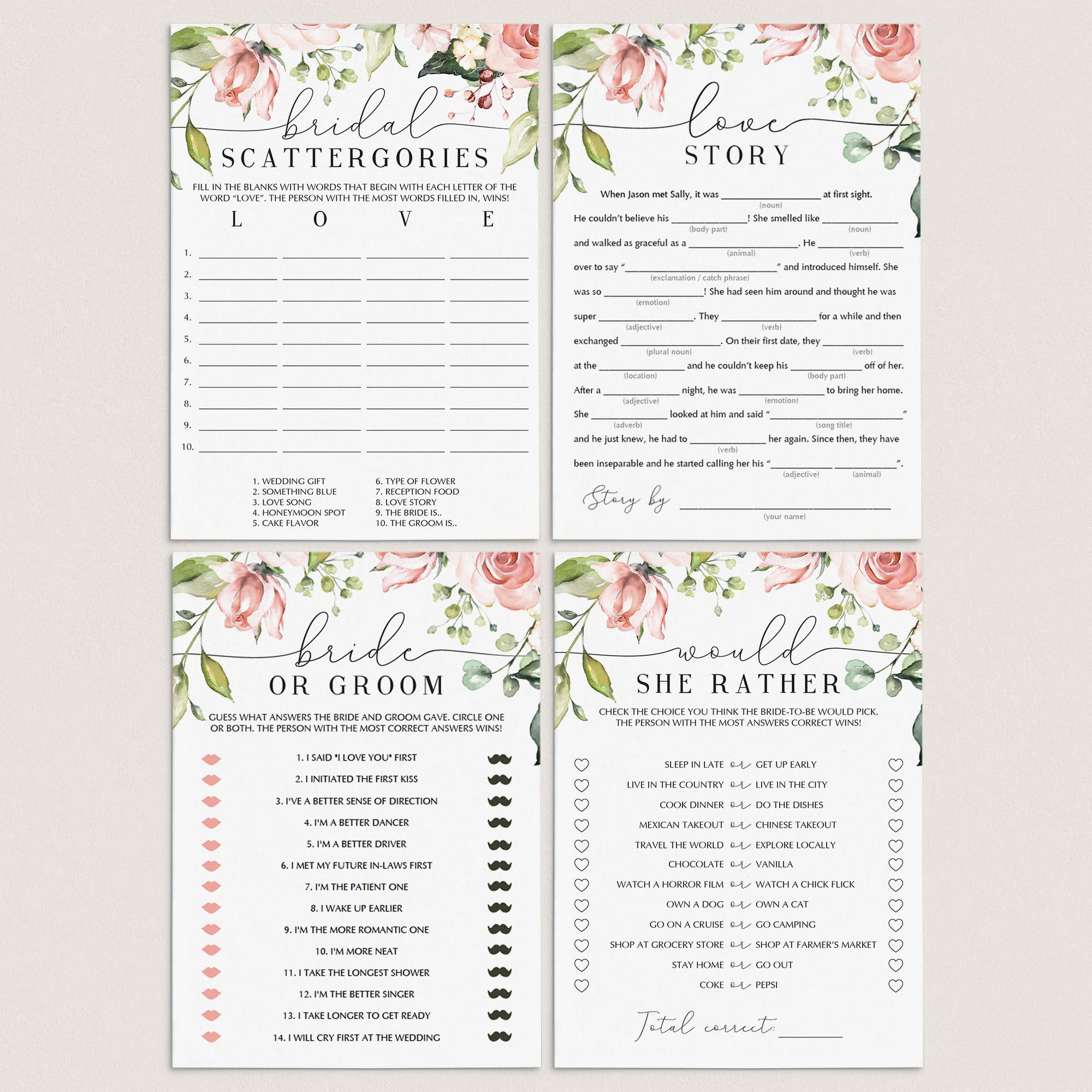 blush bridal shower games with watercolor flowers to print at home by LittleSizzle