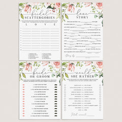 blush bridal shower games with watercolor flowers to print at home by LittleSizzle