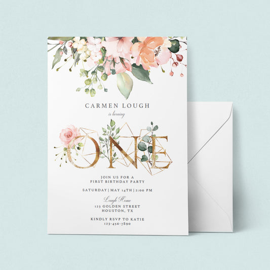 Blush floral one birthday invitation template digital download by LittleSizzle