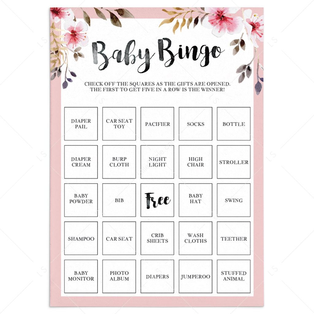 Printable baby girl shower Bingo Cards with pink flowers | Instant download – LittleSizzle printable-baby-girl-shower-bingo-cards-with-pink-flowers-instant-download-littlesizzle