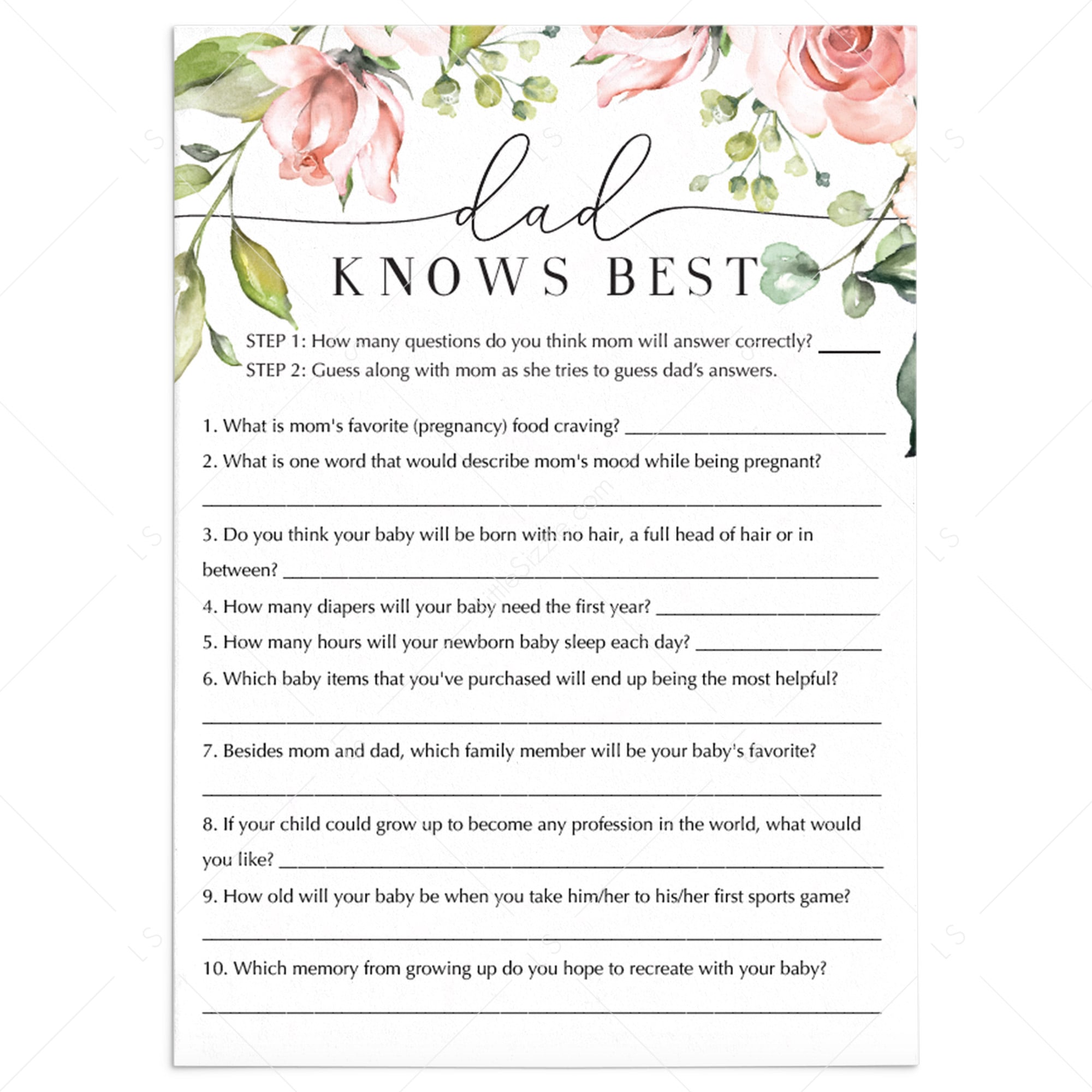 Dad Knows Best Printable Baby Shower Game Floral Theme by LittleSizzle