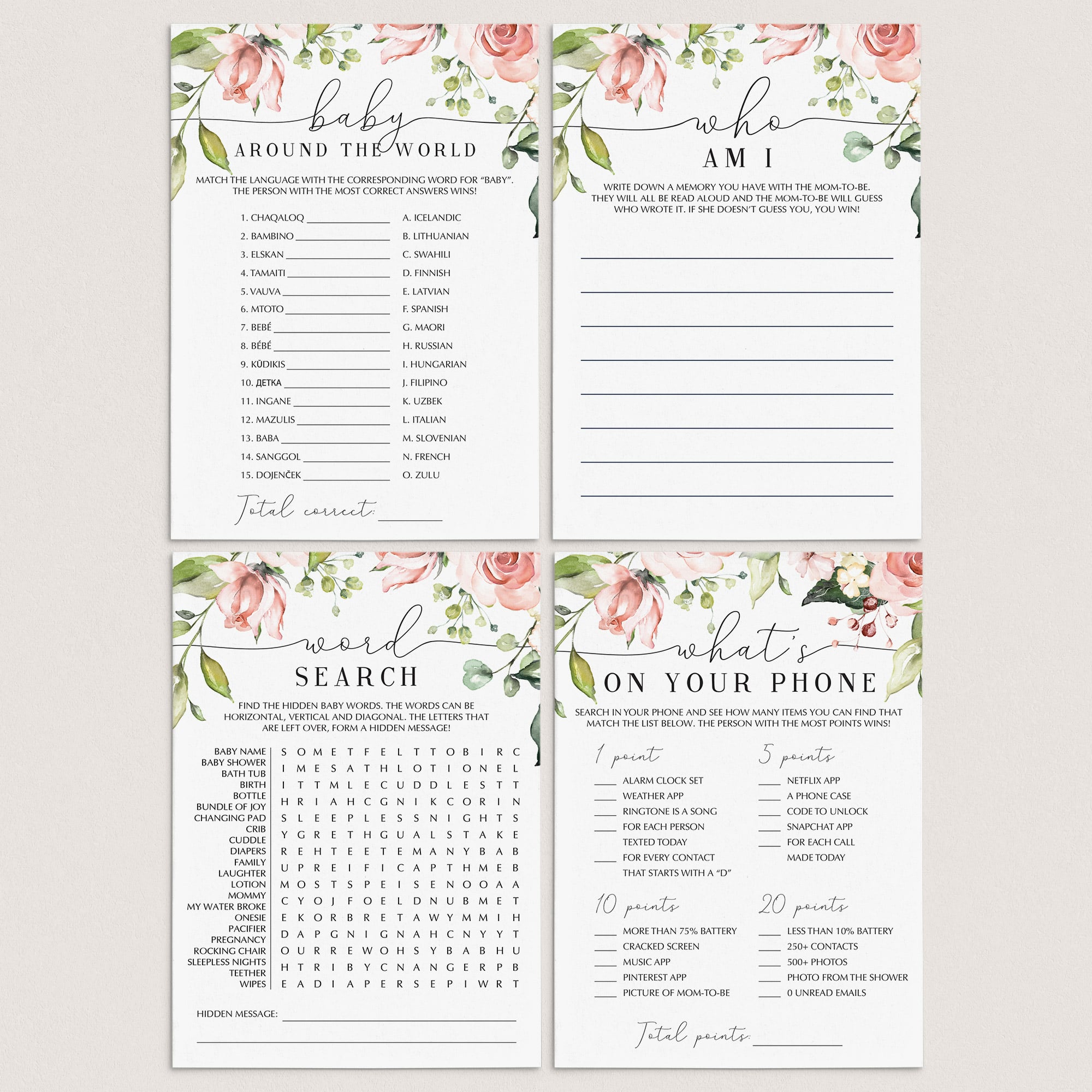 Printable baby shower game package floral theme by LittleSizzle