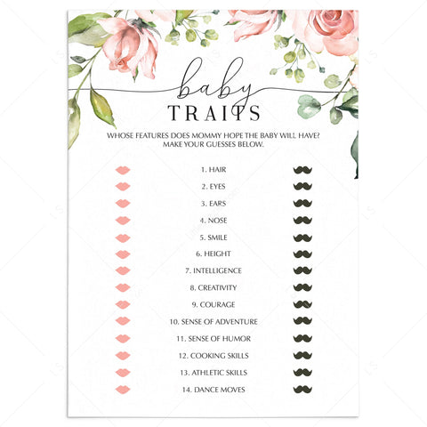 Coed Baby Shower Game Baby Traits Printable | Instant download ...