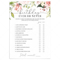 Ladies Birthday Party Game Ever or Never Printable by LittleSizzle