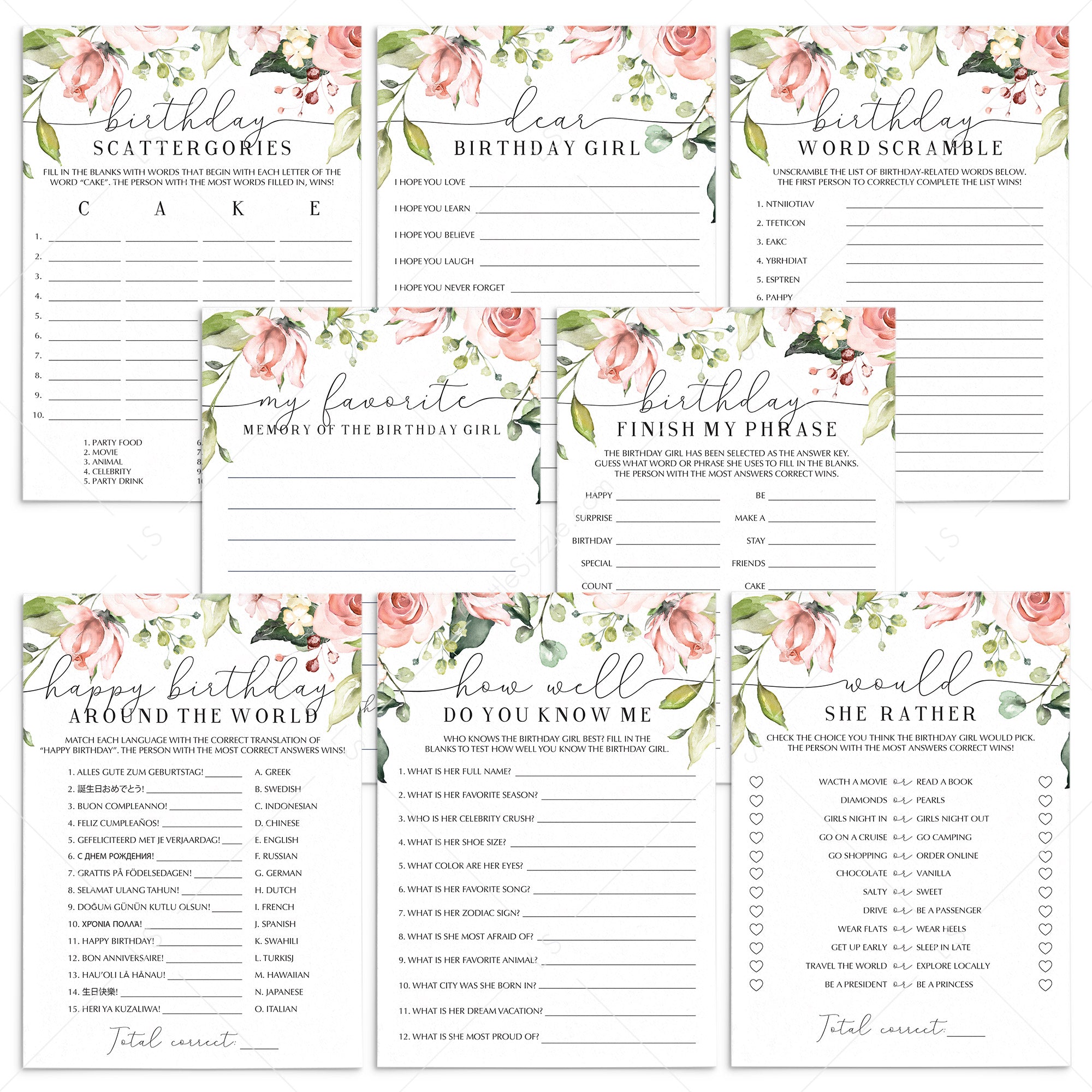 8 Blush Floral Birthday Party Games For Her Printable by LittleSizzle