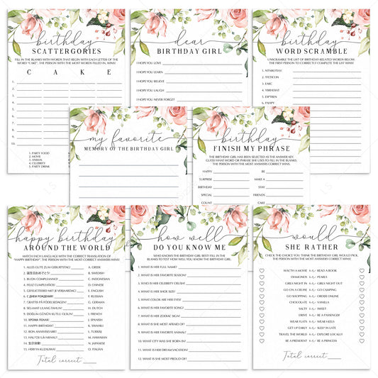 8 Blush Floral Birthday Party Games For Her Printable by LittleSizzle
