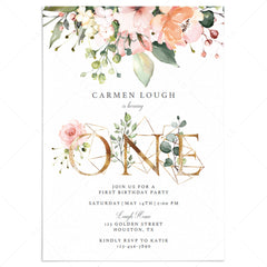 Blush Floral First Birthday Invitation Template Gold One by LittleSizzle