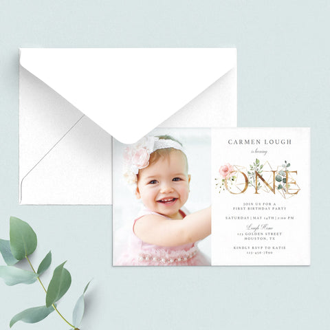 Girl Floral One First Birthday Invitation | Editable Template with ...