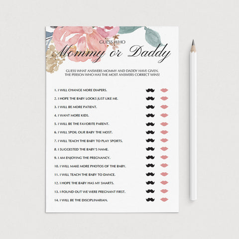 Mommy or Daddy baby shower game printable | Instant download – LittleSizzle