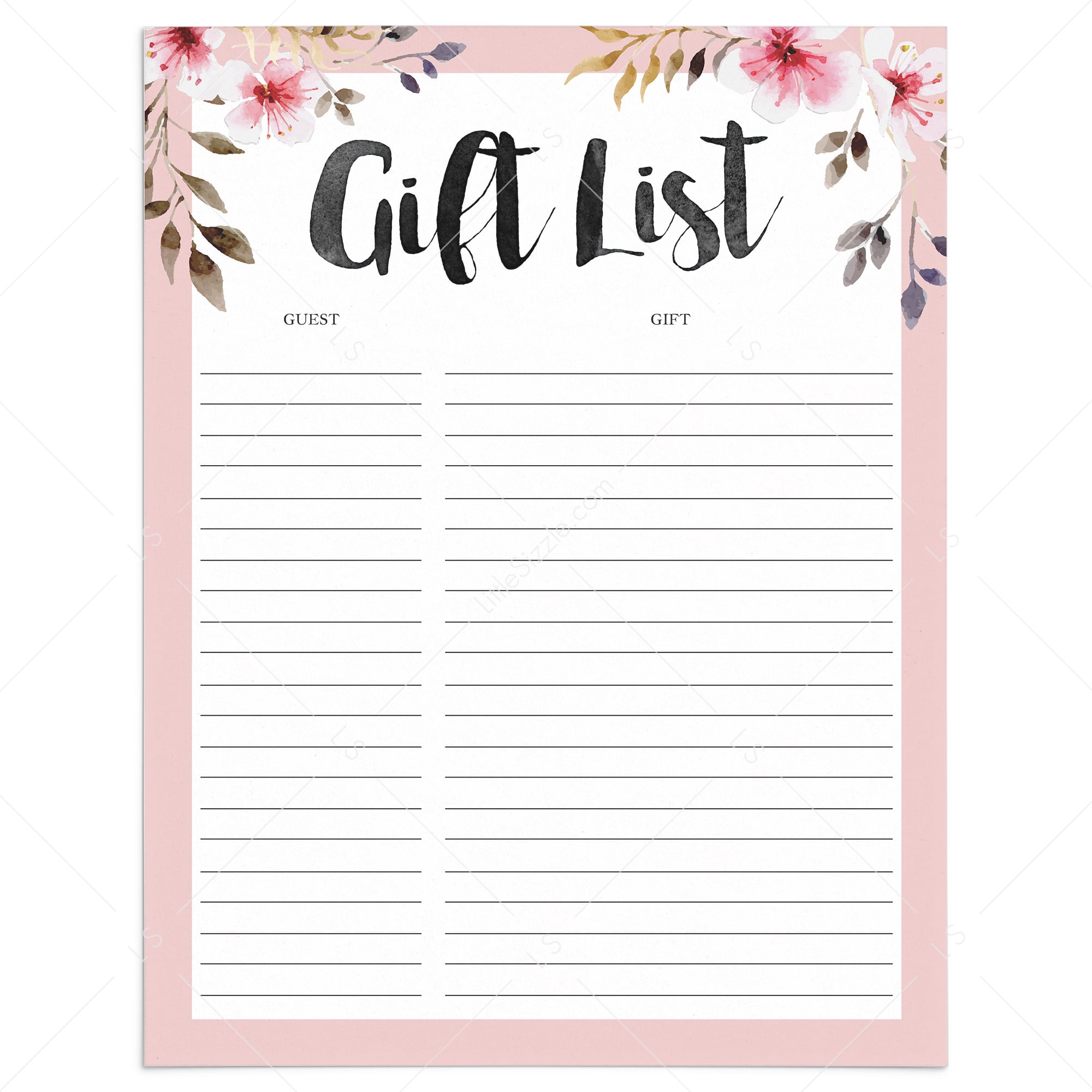 Blush pink guest and gift tracker with flowers printable by LittleSizzle